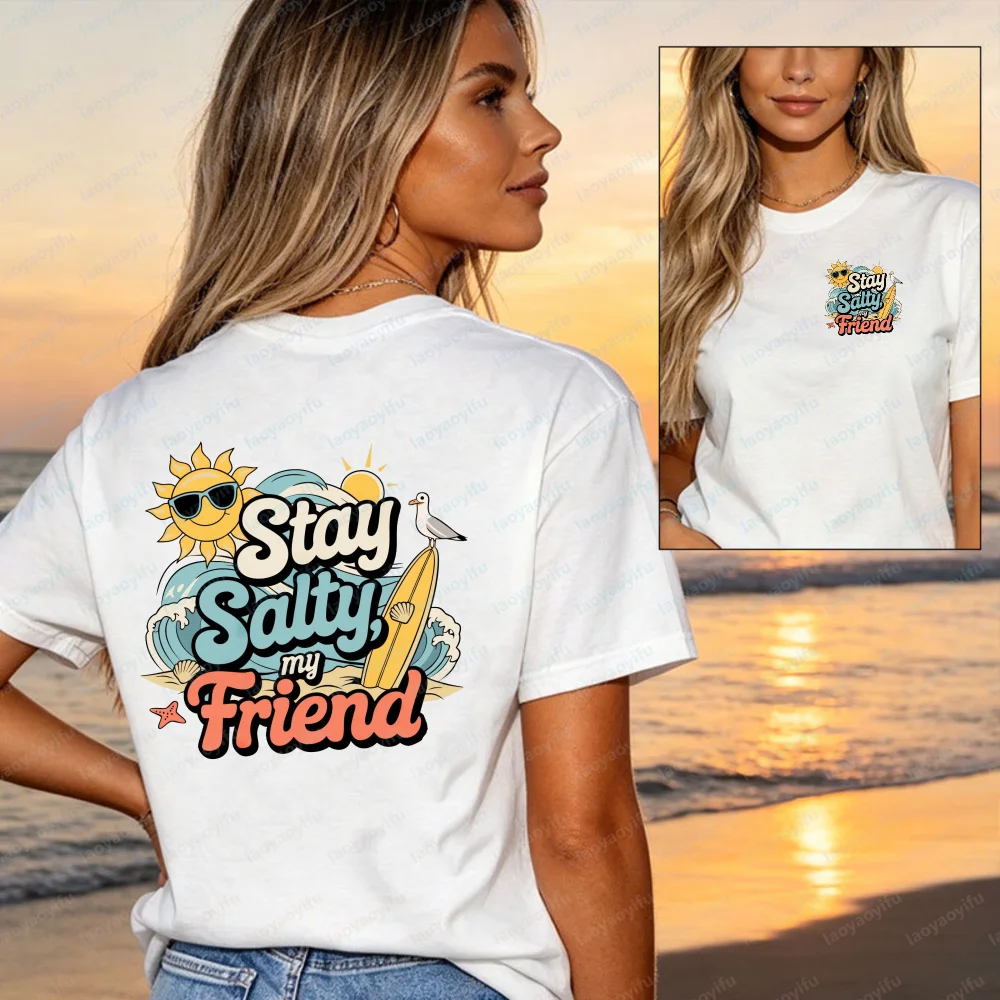 Stay Salty My Friend T-Shirt für Damen, Retro-Sonnenwellen-Surfbrett-Möwen-Grafik-T-Shirts, lässige Baumwoll-Tops, Sommer-Strandurlaub-Shirts