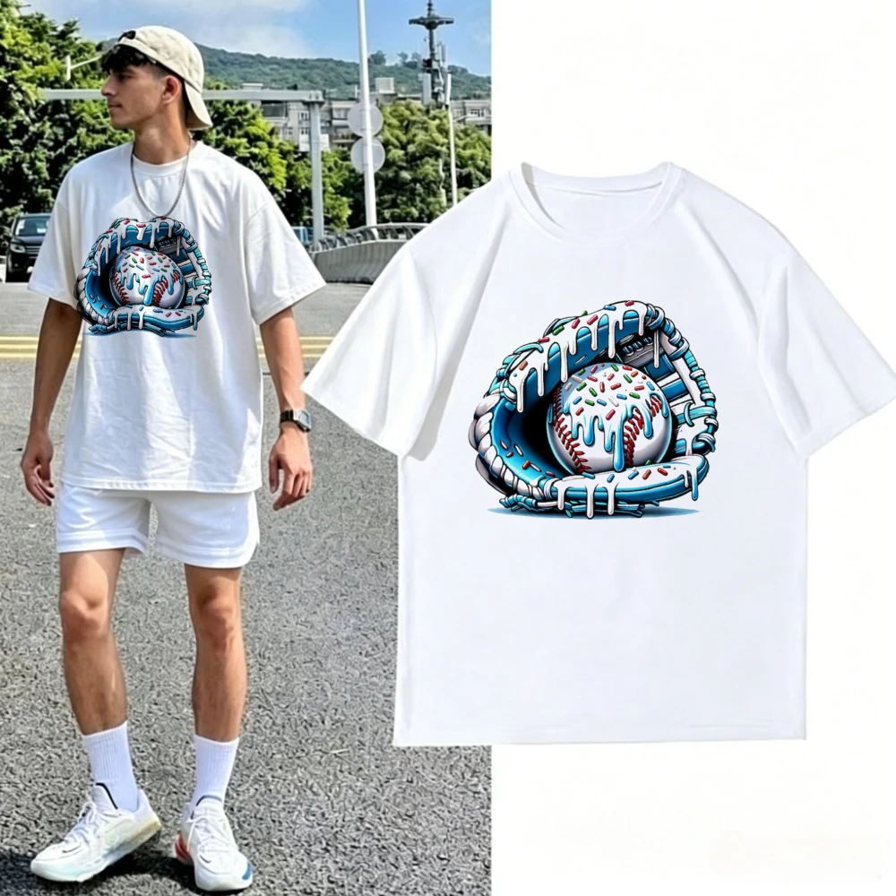 Dripping Donut Baseball Glove Graphic T Shirt Unisex Oversized Short Sleeve Tees Soft Cotton Colorful Sprinkles Baseball Print
