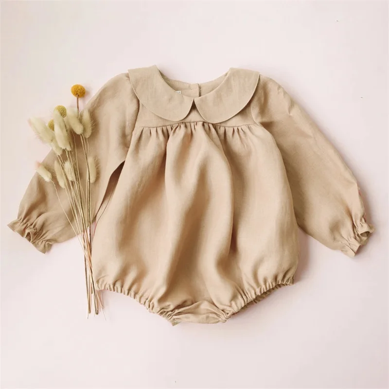 Baby Girl Clothes Solid Color Long Sleeve Baby Clothing Jumpsuits 0-24M 100% Cotton Linen Newborn Baby Girl Rompers