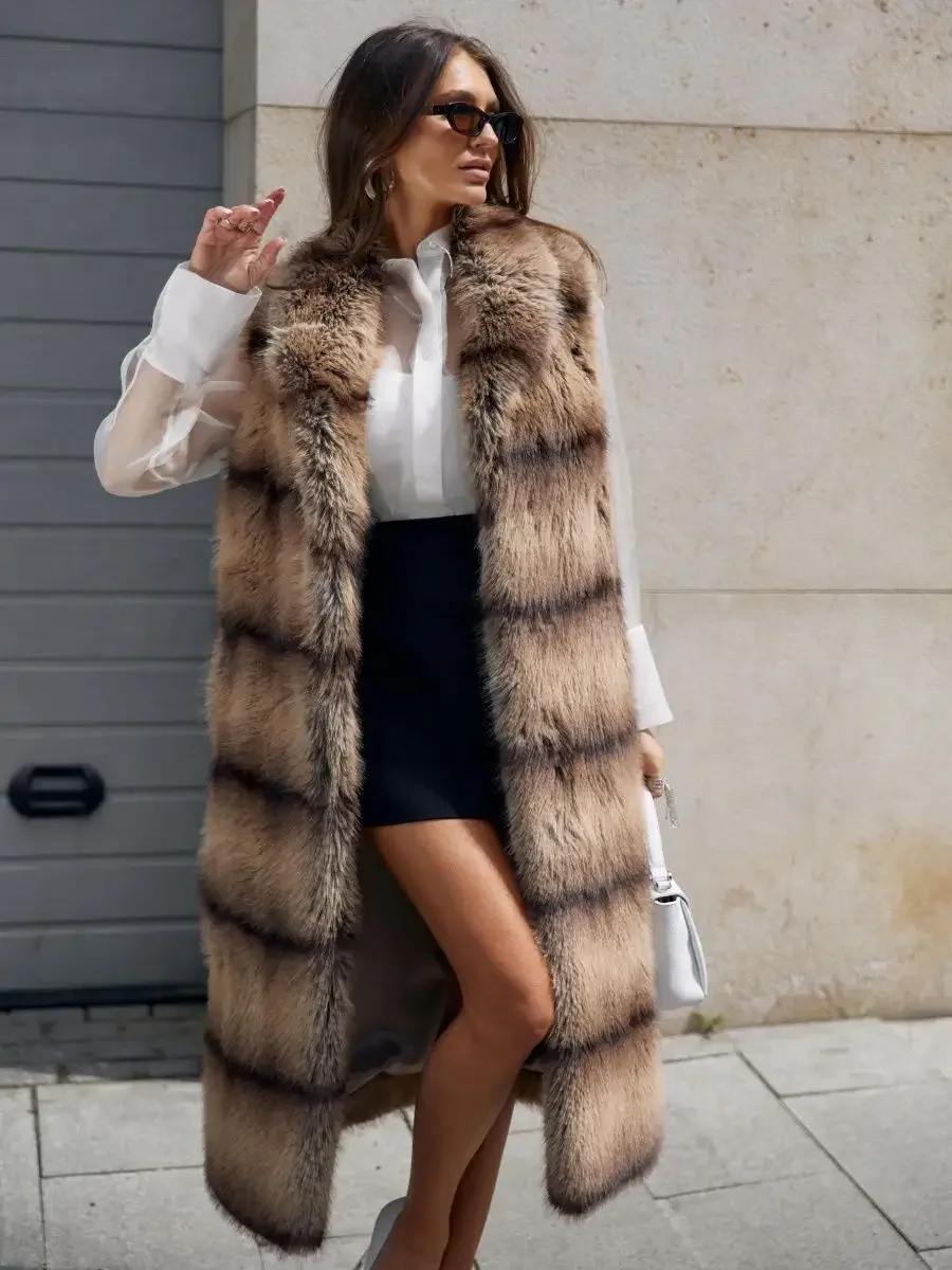 LIMO Ladies Sleeveless Faux Fur Waistcoat Striped Pattern Long Luxury Outerwear