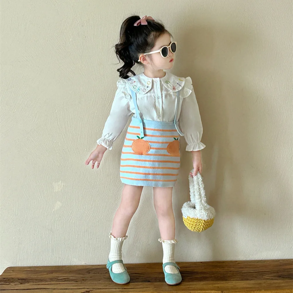 

Girls Suits 2024 Autumn New Girls Foreign Style Wool Set Baby Lapel Shirt Orange Knit Suspender Skirt Two-piece Set Clothes