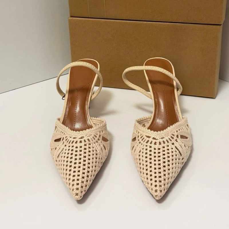 Women's Crochet Knit Pointed Toe Summer Sandals Woven Mesh Fashion Mule Heels Ankle Strap Stiletto High Heel Elegant  Pumps