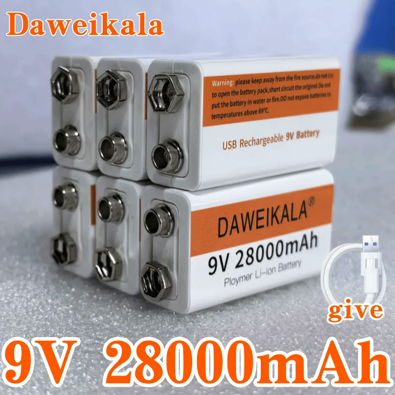 Daweikala 9V 28000mAh USB Rechargeable Lithium Battery 6F22, High Capacity for Multimeter, Microphone, Toy, Guitar, KTV