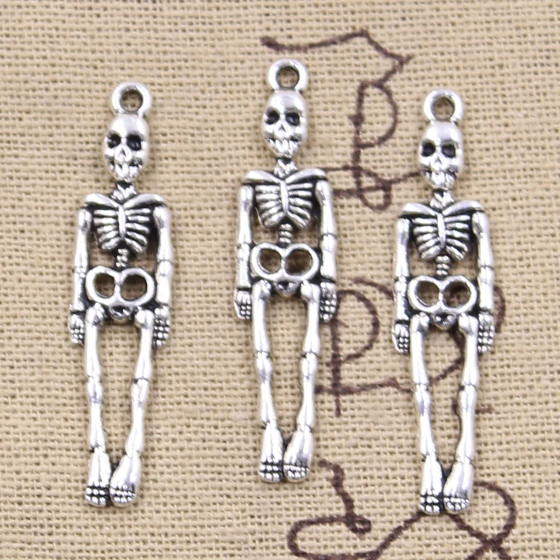 20pcs Charms Skull Skeleton Man 39x9mm Antique Silver Color Pendants DIY Crafts Making Findings Handmade Tibetan Jewelry