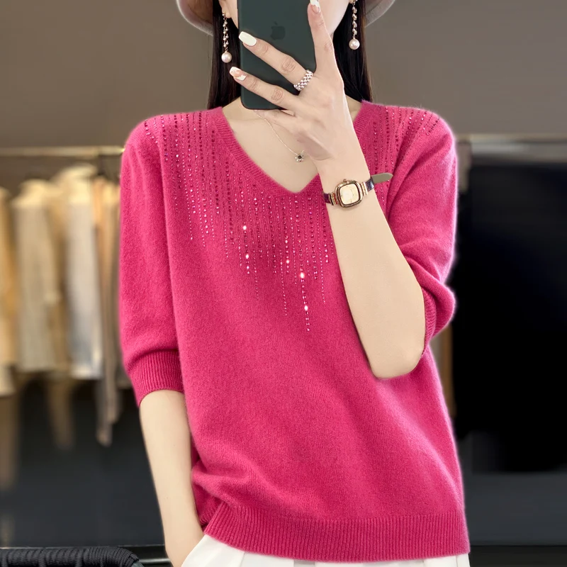 

Women's Summer Diamond V-Neck T-shirt Seamless Pure Fine Wool Knitted Short Sleeve Unique Top Korean Fashion Loose Sweater Outer