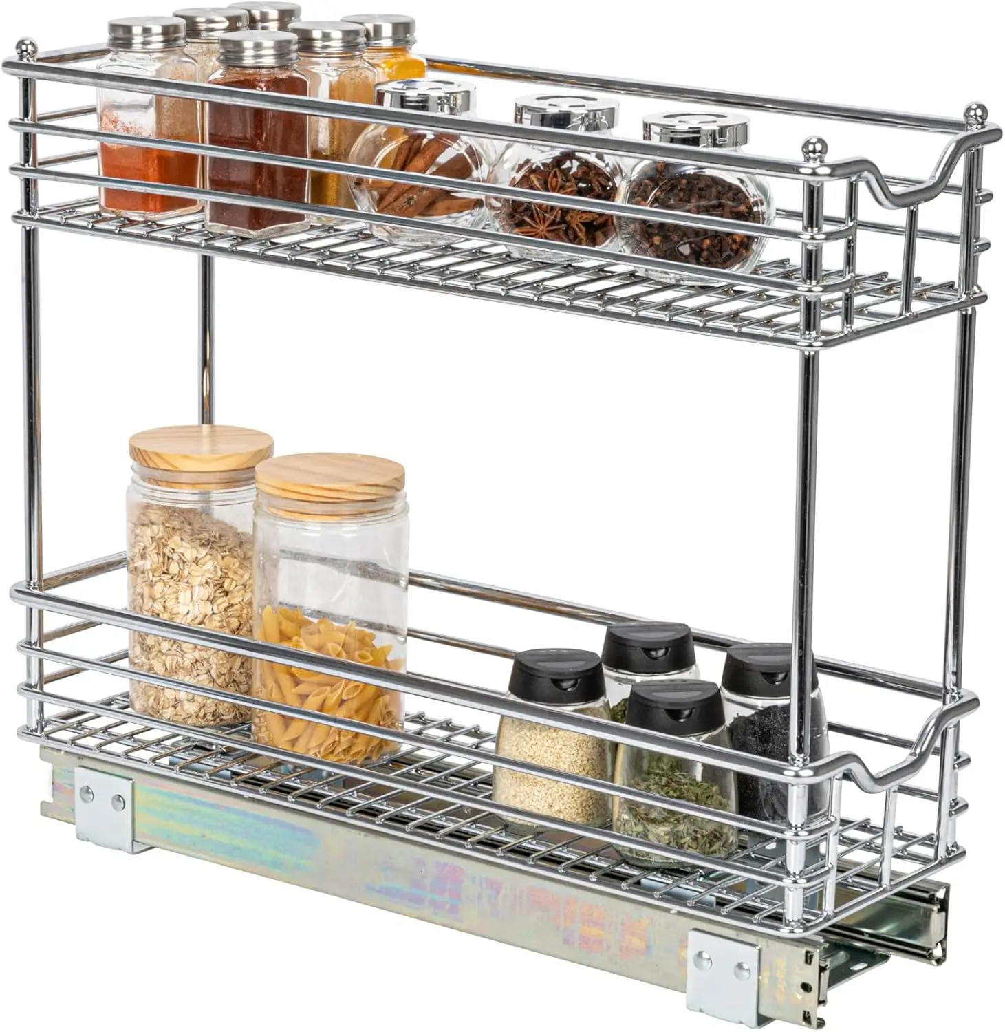 Essentials Narrow Sliding Cabinet Organizer, Two Tier Chrome Organizer, Chrome