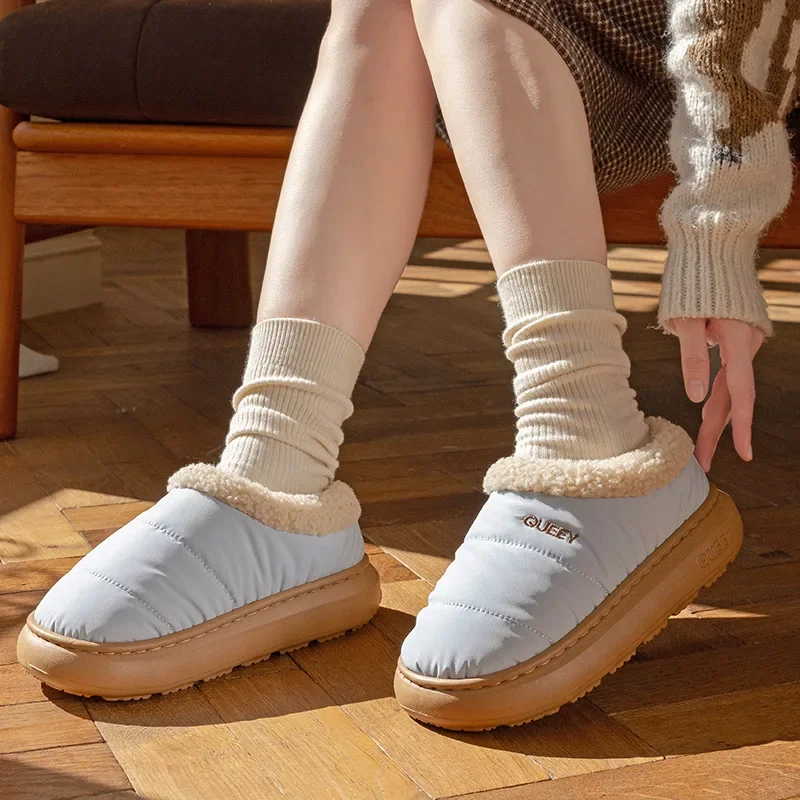 Women Men Winter Cotton Slippers Cozy Fluffy Fleece Warm Inner Plush Soft Anti Slip Sole Couple Home Footwear Outdoor Snow Boots