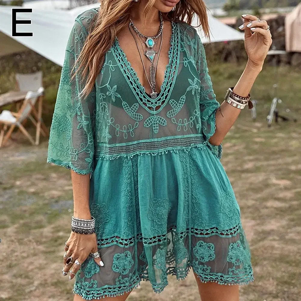 Conjunto de traje de baño Sexy de malla para mujer, traje de baño con cuello en V profundo, Vestido de manga corta para playa, ropa calada de encaje