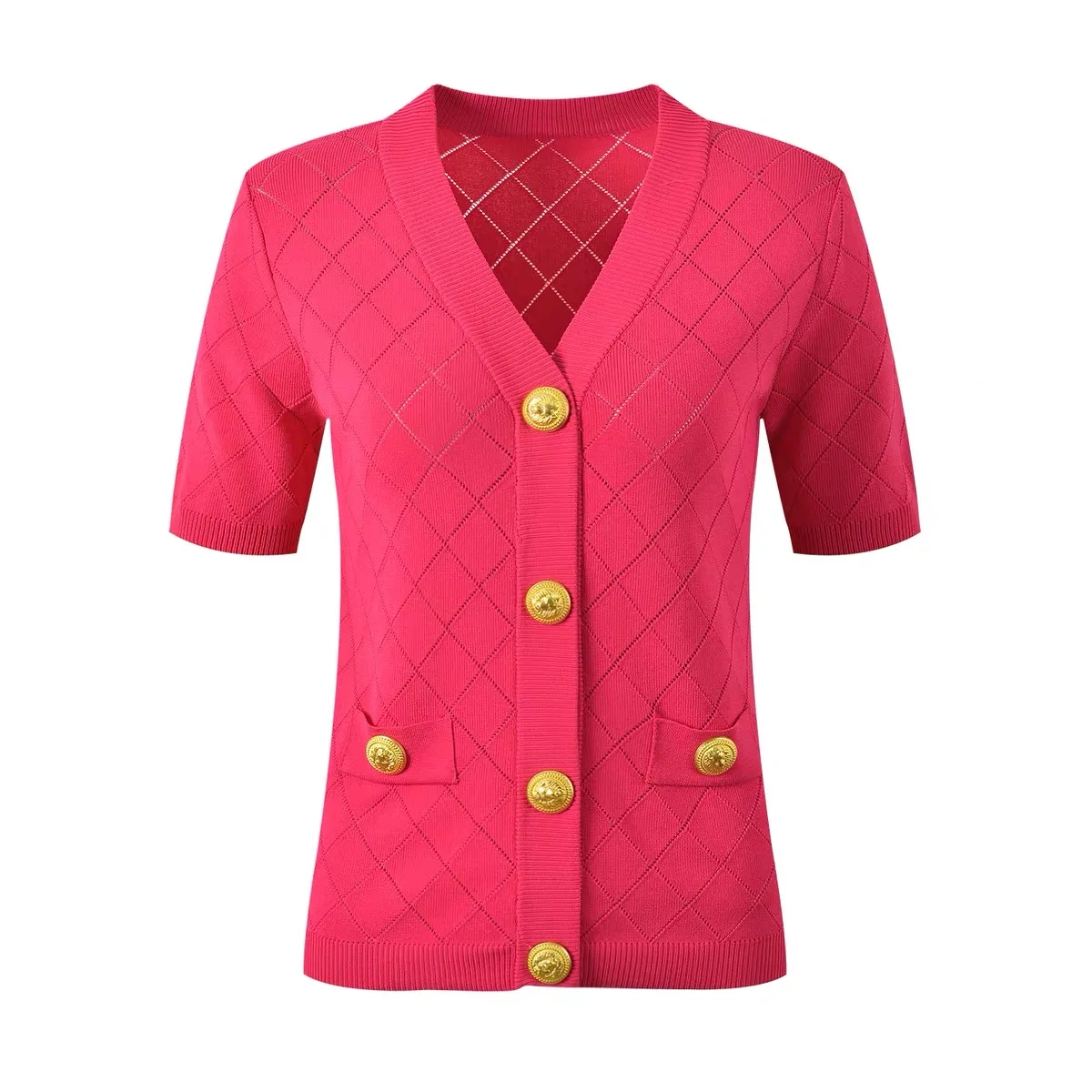 Maglione Cardigan lavorato a maglia da donna estate 2024 moda coreana fibbia in metallo di lusso con scollo a v manica corta temperamento maglieria