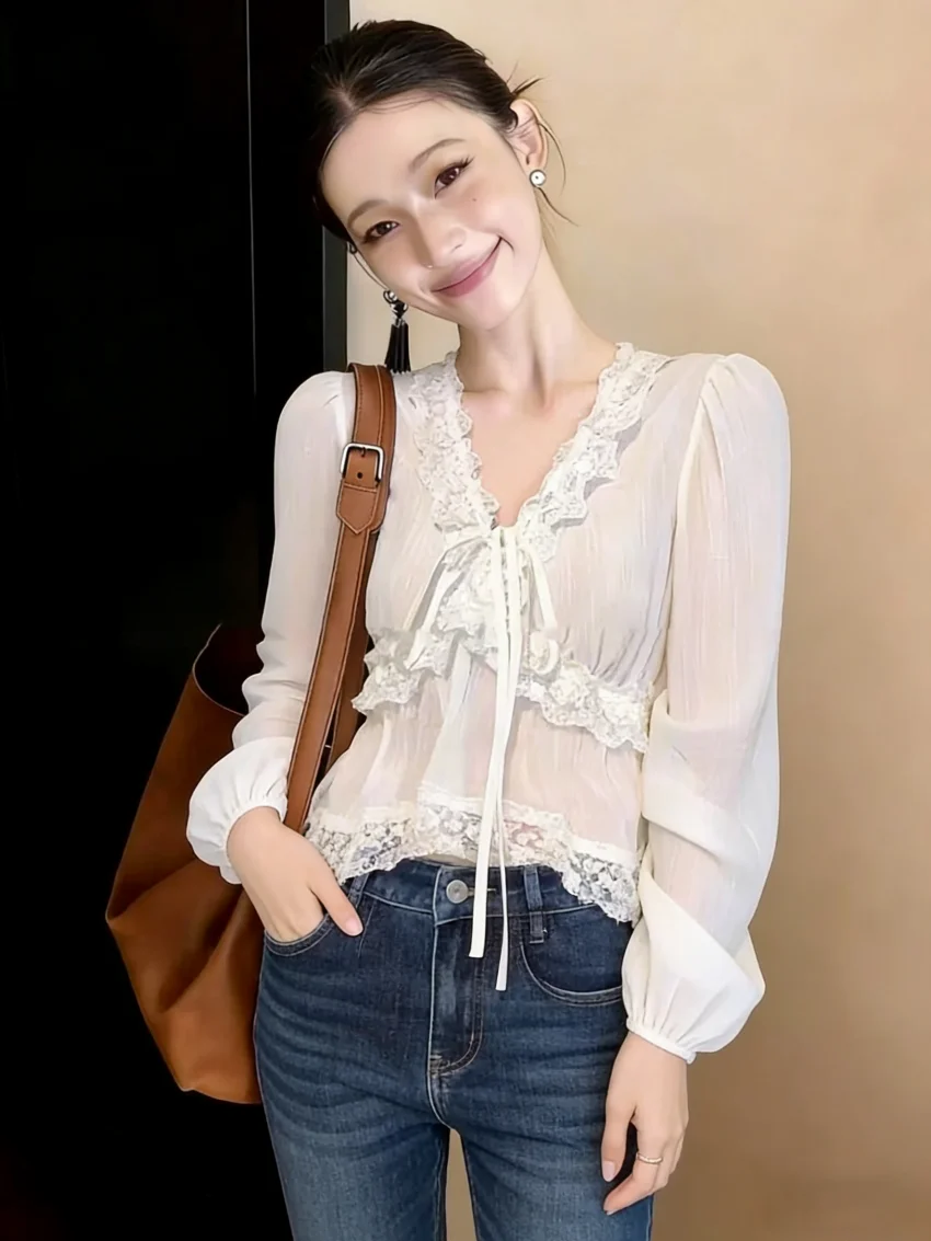 

Korean Style Lace Patchwork V-neck Knot Shirt Women's Spring New Fashion Design Short Size Female Blouse
