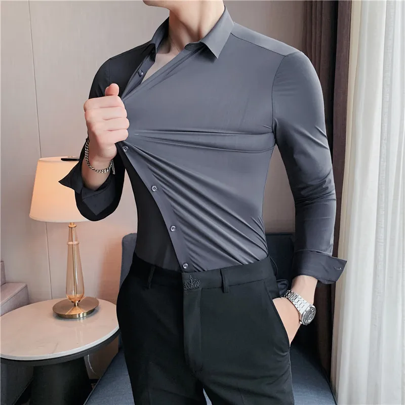 2023 New High Elasticity Seamless Men's Shirt Long Sleeve Thickened Fleece PU Leather Cleanfit  Neck Nine Points Sleeve