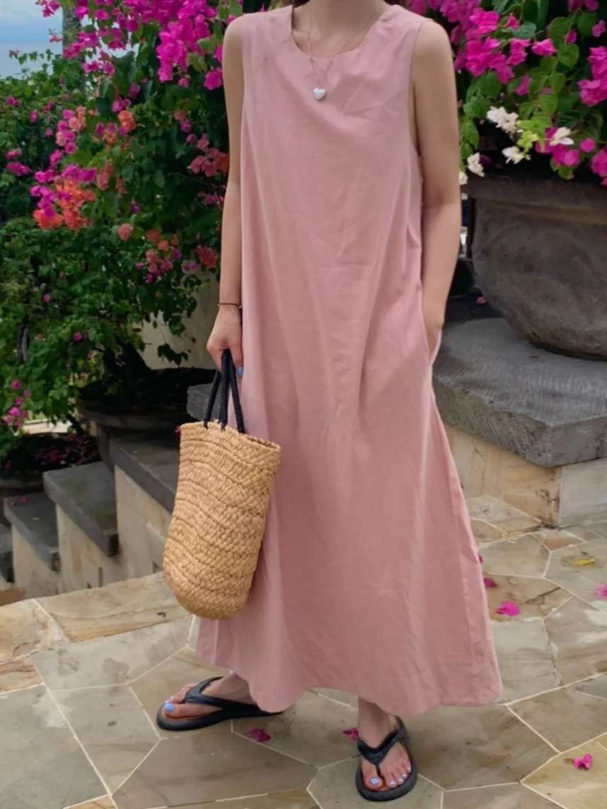 

Korean Chic Summer Sweet round Ne Ba Cross Design Loose Casual Svel Vest Dr Women's Faion Comfortable Dr