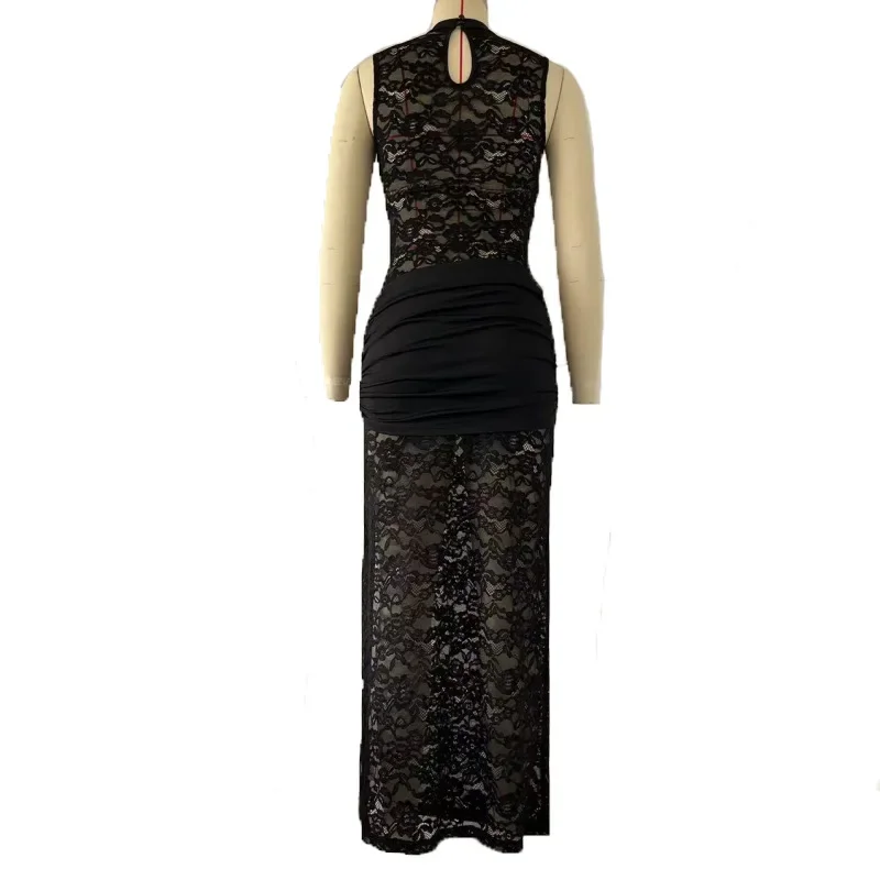 BWQ Abito lungo da donna sexy in pizzo scollato senza maniche con spacco alto abito da sera per club vintage casual aderente trasparente