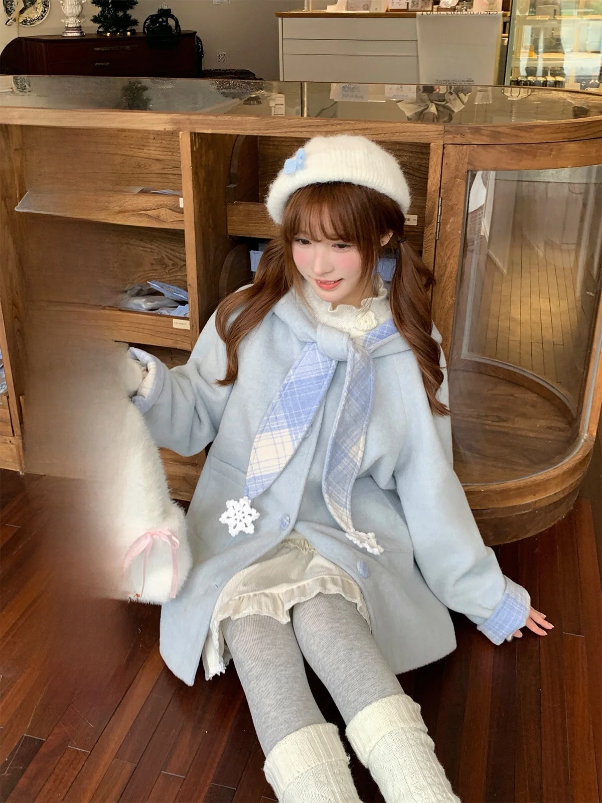 

BibiBency Thi Winter Woolen Coat Women's Mid-Length Skirt Set Sweet Sle Straight Tube Sweater Long Sve Single Button C...