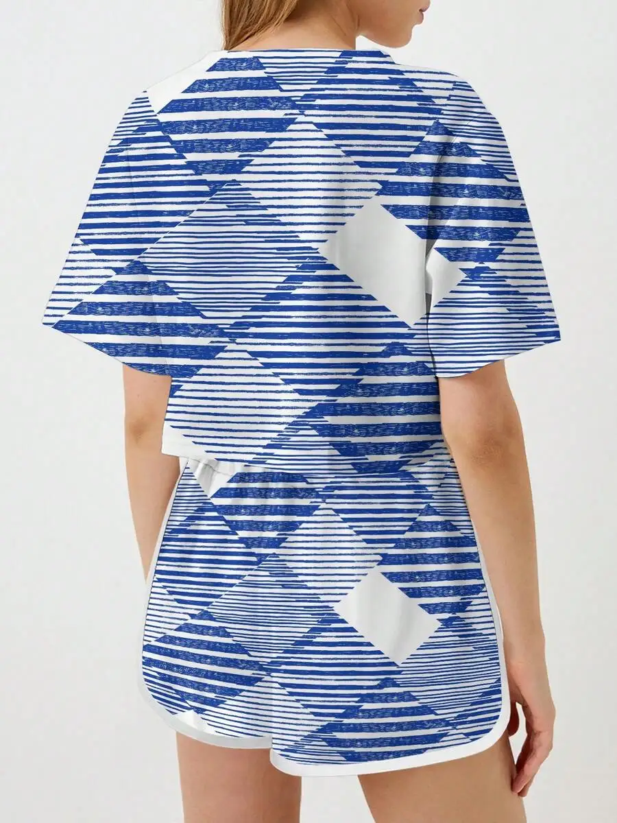 

Womens 2 Piece Set Blue White Striped Diamond Print Crop Top And Shorts Casual Loungewear