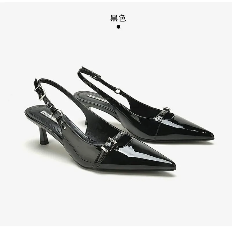 

New Summer Women's Dress Shoes Pointed Toe Sandals Buckle Slingbacks Mid Heels Pumps Patent Leather Slip on Zapatos Mujer