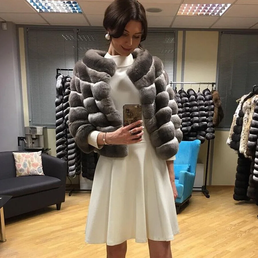 Women's Real Chinchilla Rex Rabbit Fur Coat Collarless Jacket Overcoat Grey authentic genuine fur coats women's clothing trend