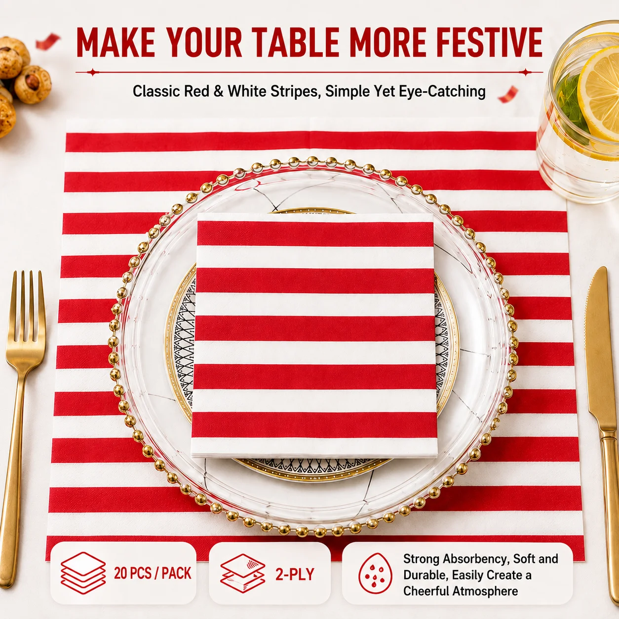 10/20Pcs Red White Striped Paper Napkins 33x33cm 2-Ply Party Napkins for Birthday Picnic Holiday Table Decoration