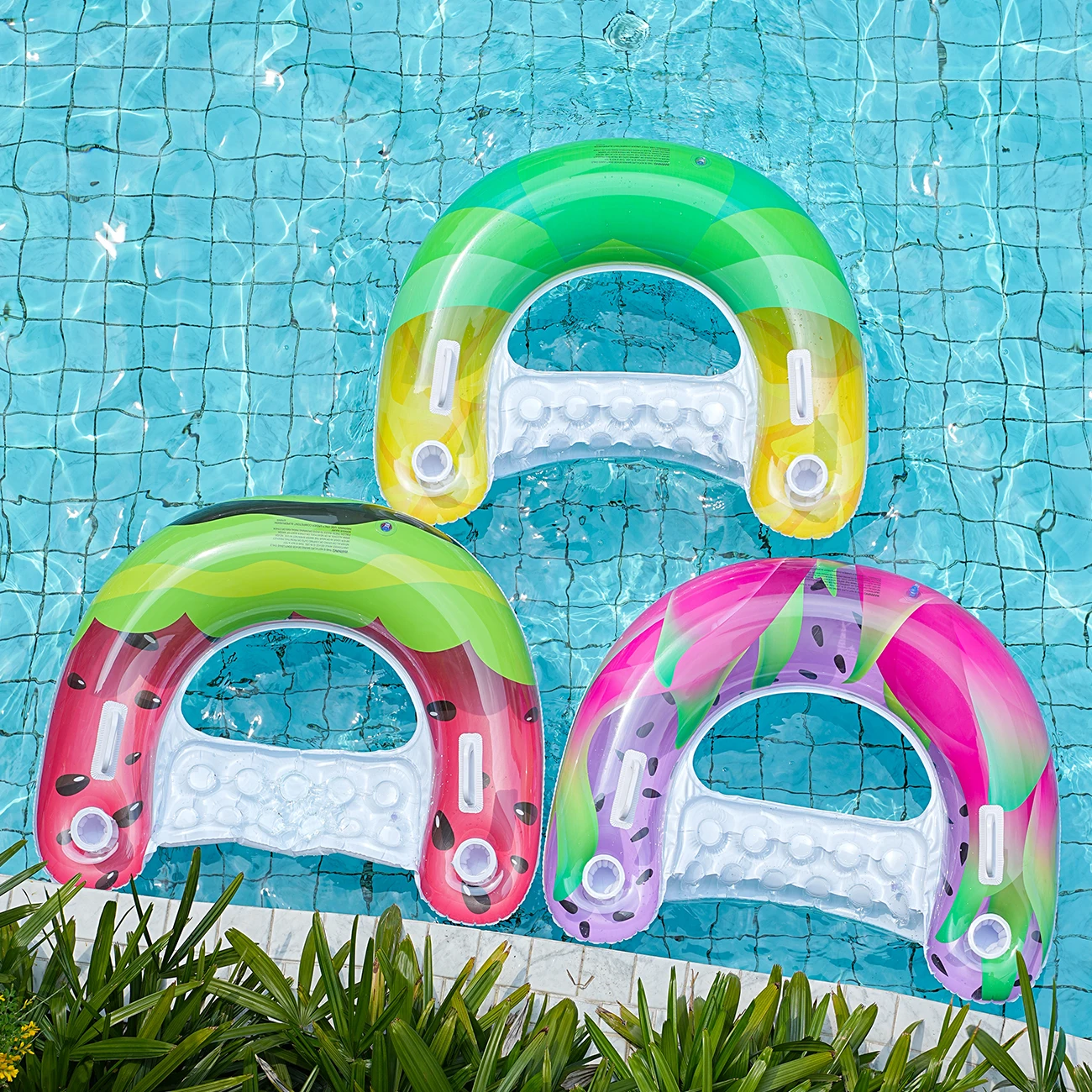 Hamaca inflable en forma de U de frutas coloridas para deportes acuáticos de verano para adultos, dispositivo flotante para piscina, Ideal para relajación de agua, 1 ud.