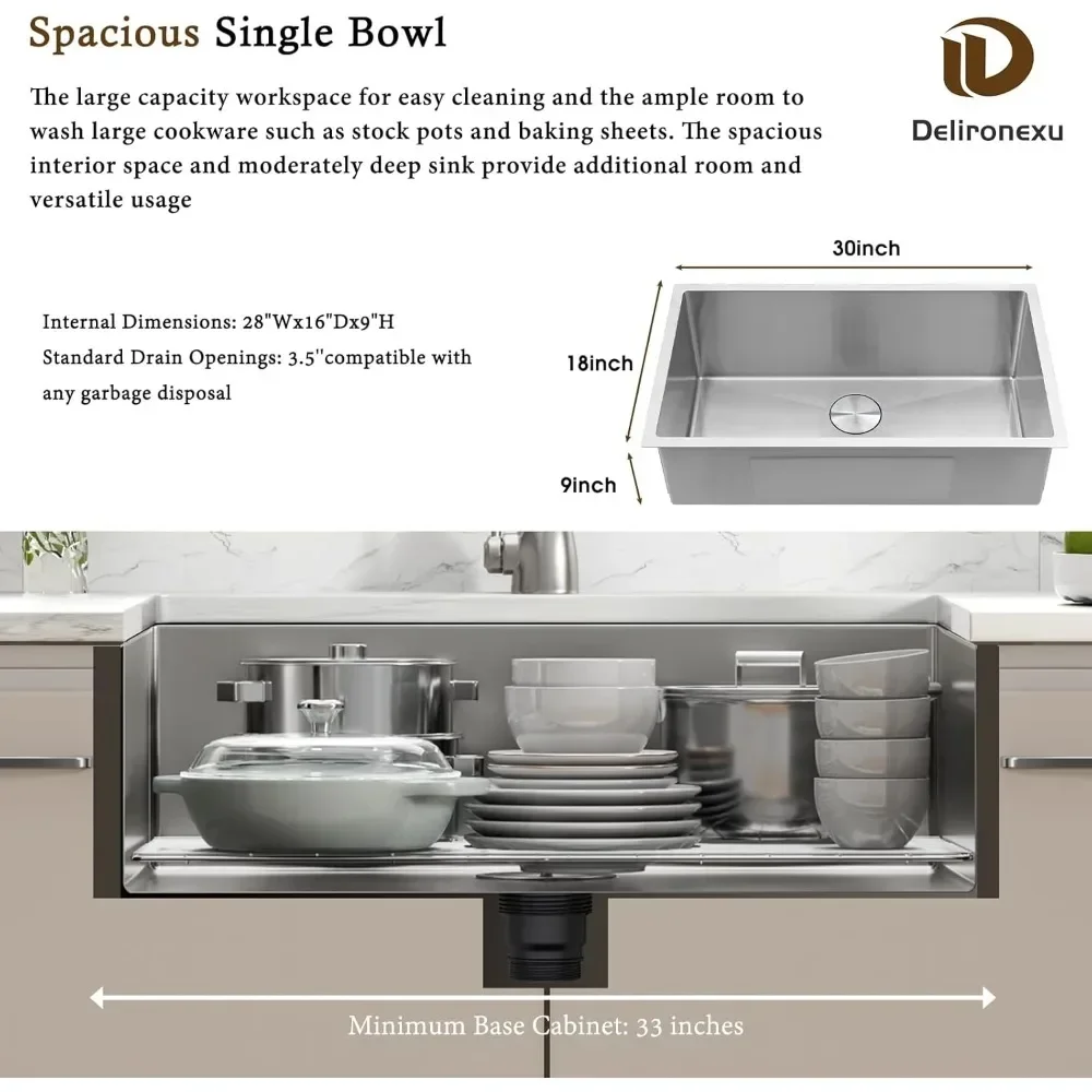

Hot salesCustomizable 30 Inch Undermount Kitchen Sink - 18 Gauge Stainless Steel Single Bowl Kitchen Sinks 30"x18"x9" Handmade