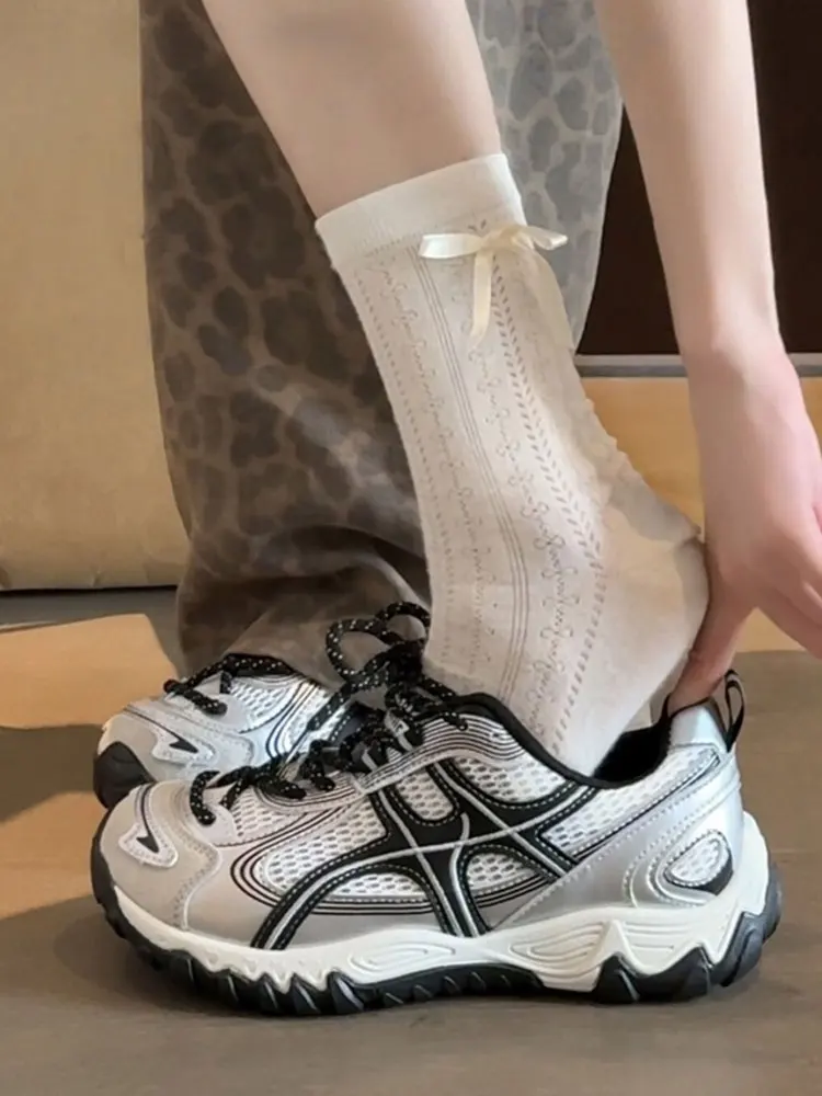 Women's Dad Shoes Thick Sole Breathable Spring Autumn Sports Casual Mesh Sneakers Korean Style Low Top Lace up Flat Arch Support