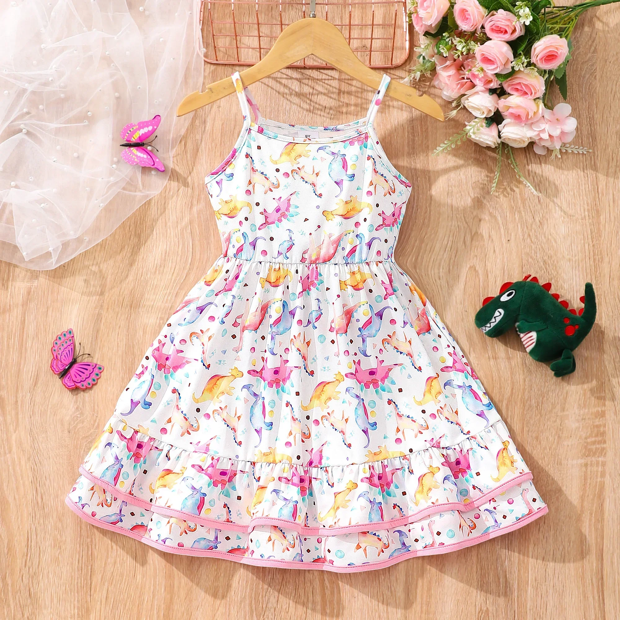 Girls Clothing Summer Dress Kids Sleeveless Double Layered Ruffle Youth Pattern Casual Colorful Dress