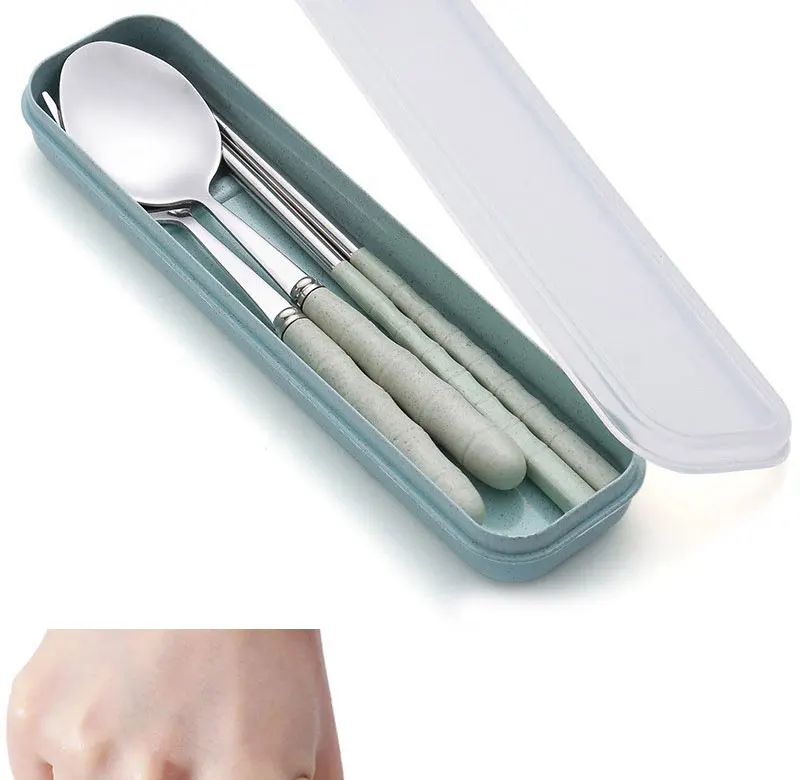 3-teiliges Set Edelstahl Tragbares Besteck Gabel Löffel Stäbchen Studenten-Besteckset mit Box Reise-Essbesteck – Detail 5