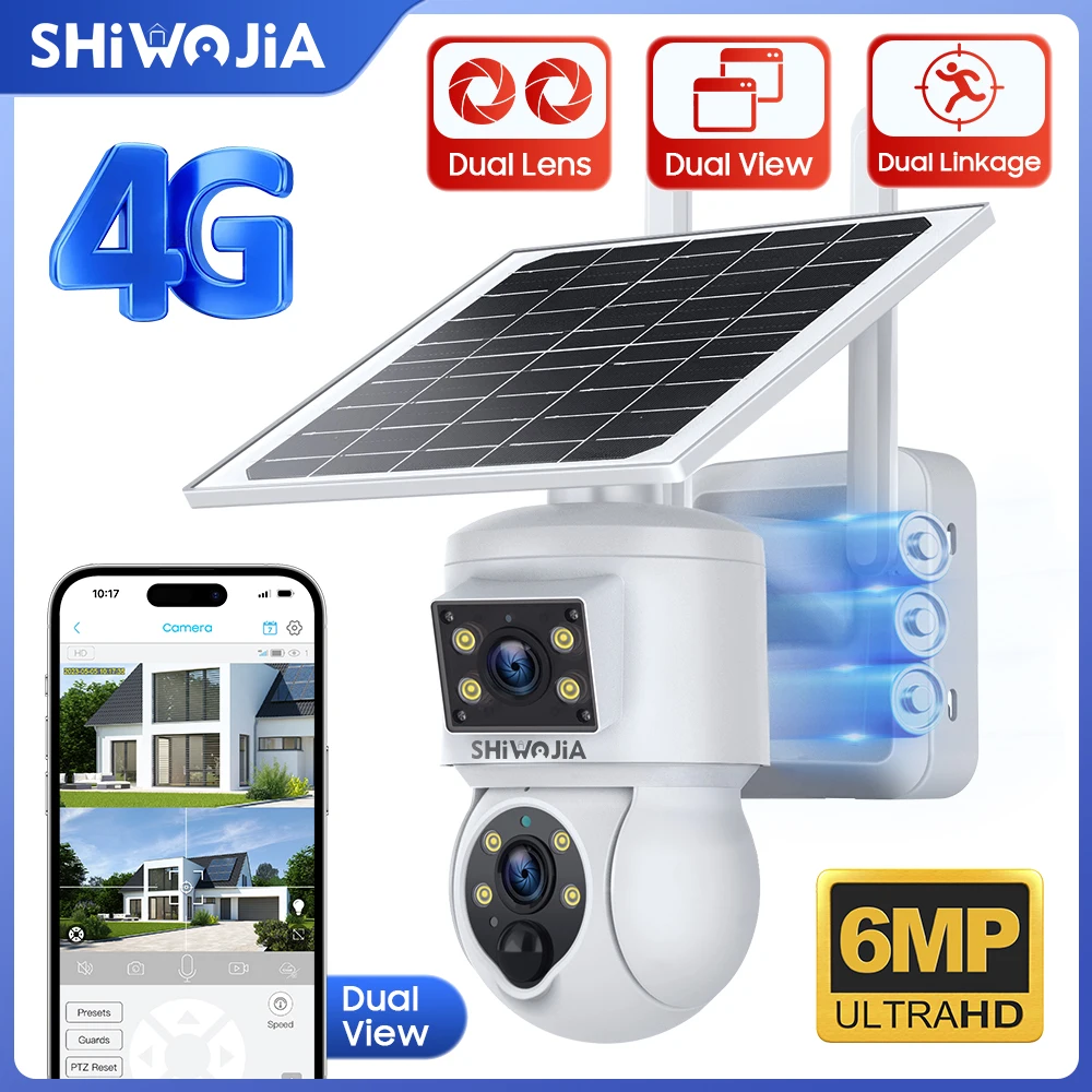

SHIWOJIA 3K 6MP Solar Camera 4G SIM WIFI Security 7800mAh Battery Camera 360° View 5W Solar Panel Outdoor PTZ IP PIR Detection
