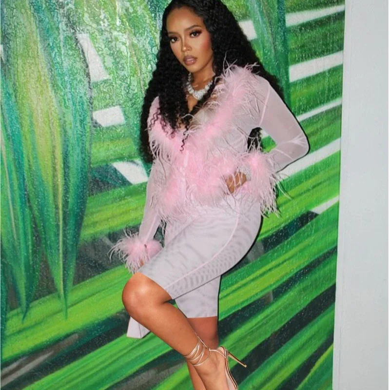 

Feathers Patchwork See Through Mesh 2 Piece Set Women Fashion Long Sleeve Lace Up Cardigans Crop Top + Shorts Party Clubwear