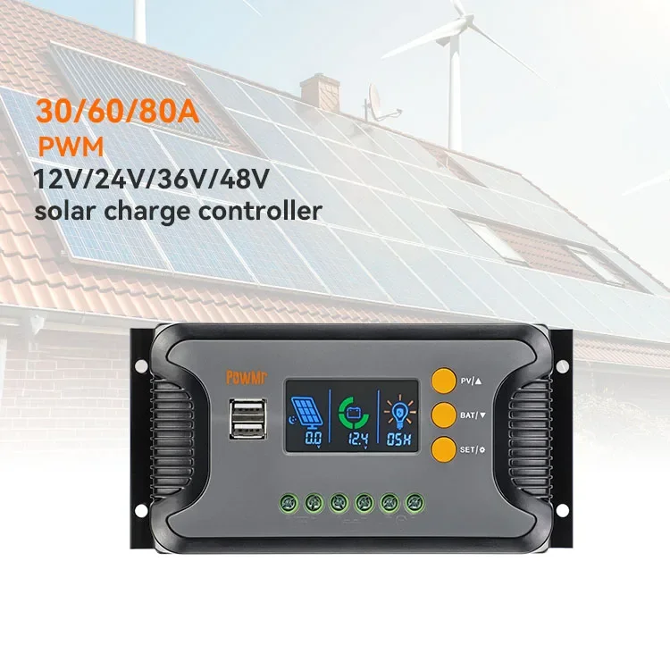 Smart 12V 24V 36V 48V 30A Solar Panel Controller Regulator Built-in 2 USB Ports PWM Solar Charge Controller