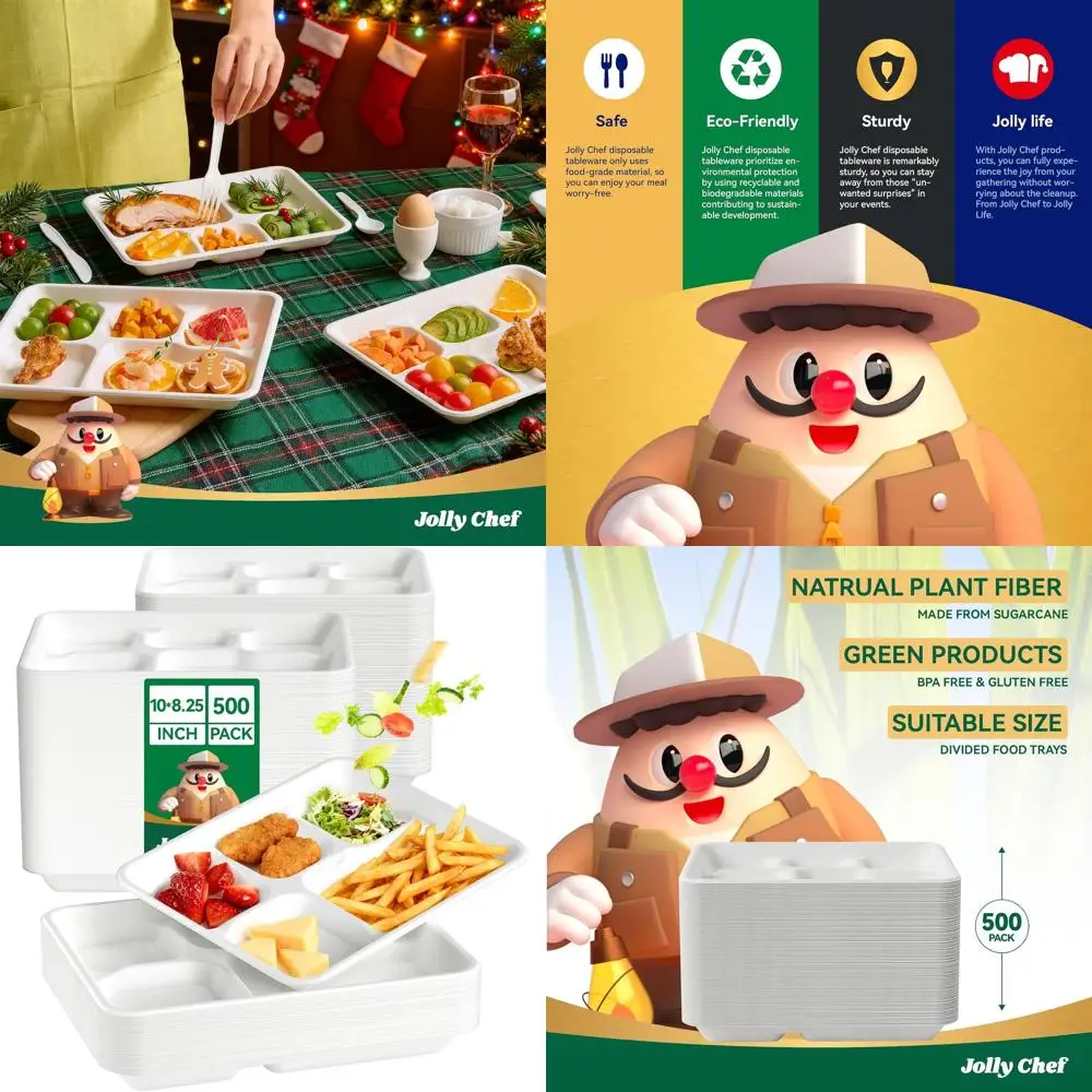 

Eco-Friendly Biodegradable 5-Compartment Paper Plates, 10x8.25x1 inches, 500 Pack, Heavy Duty Divided Disposable White Food Tray