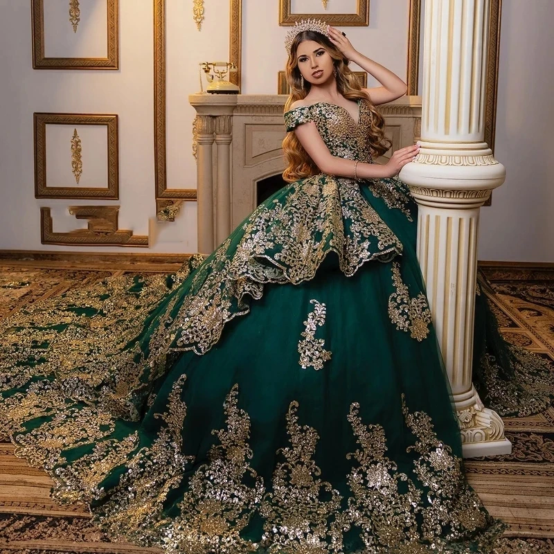 

Blackish Green Ball Gown Quinceanera Dresses Gold Applique Lace Beading Pearls Vestidos De 15 Años Quinceañera XV Brithday Sweet