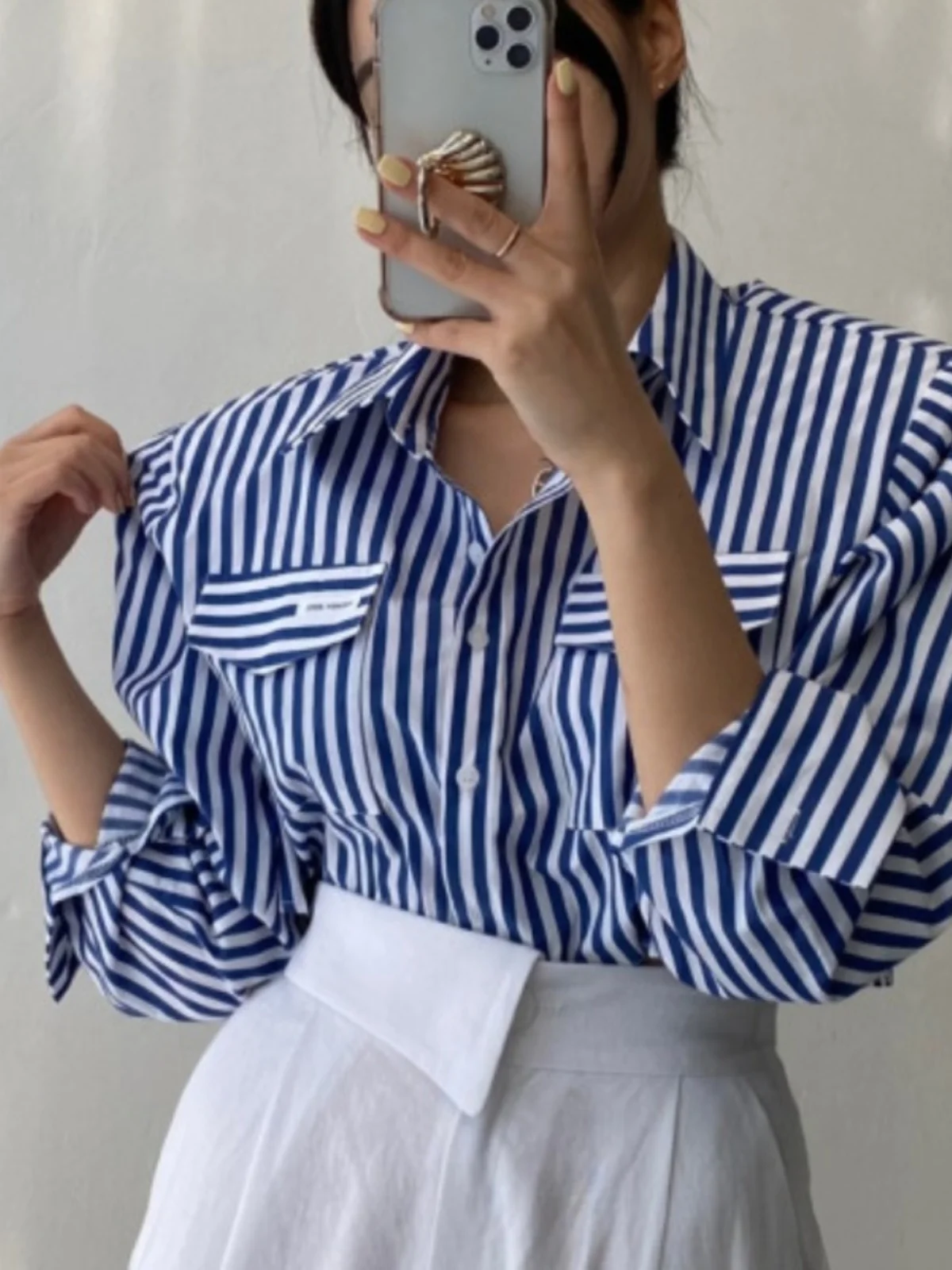 

Повседневный шикарный ранний осенний полосатый цветной дизайн Blo, свободный длинный топ све irt для женщин, повседневный свободный крой, полосатый топ