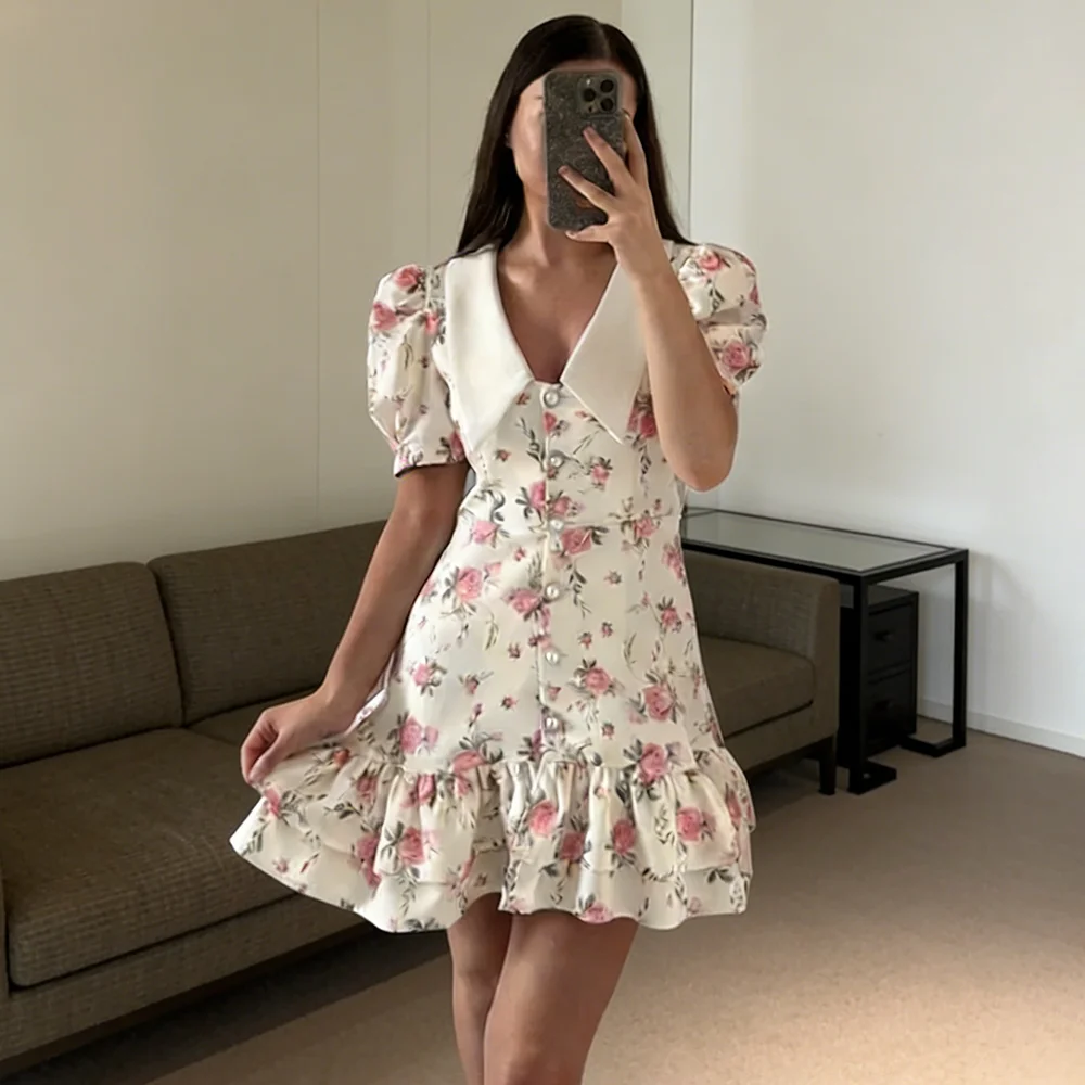

Ticketsx Ruffled Print Mini Dress Women's Lapel V Neck Puff Sleeve Single Breasted Dress Lady Summer Casual Holiday Floral Dress