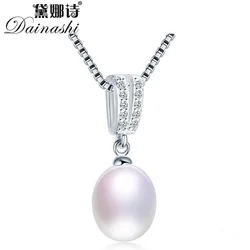 Dainashi 100% Genuine Natural Freshwater Oval Pearl Necklace 925 Sterling Silver Zircon Pendant Floating Fine Jewelry for Women