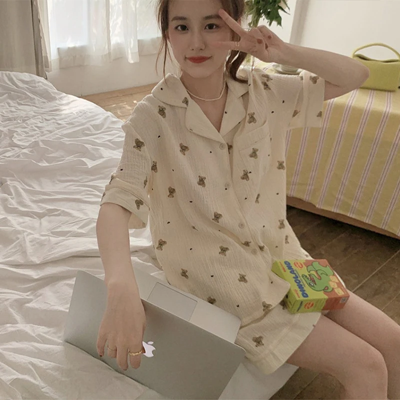 Spring 2024 Girly Sweet Bear Short-Sleeved Pajamas Women\'s Cute Home Two-Piece Nightdress Set Thin Daily Home Wear