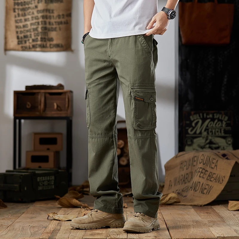 KSTUN Men's Cargo Pants Green 100% Cotton Loose Straight Leg Casual Outdoor Trousers Hiking Camping Work Pants Big Multi Pocket