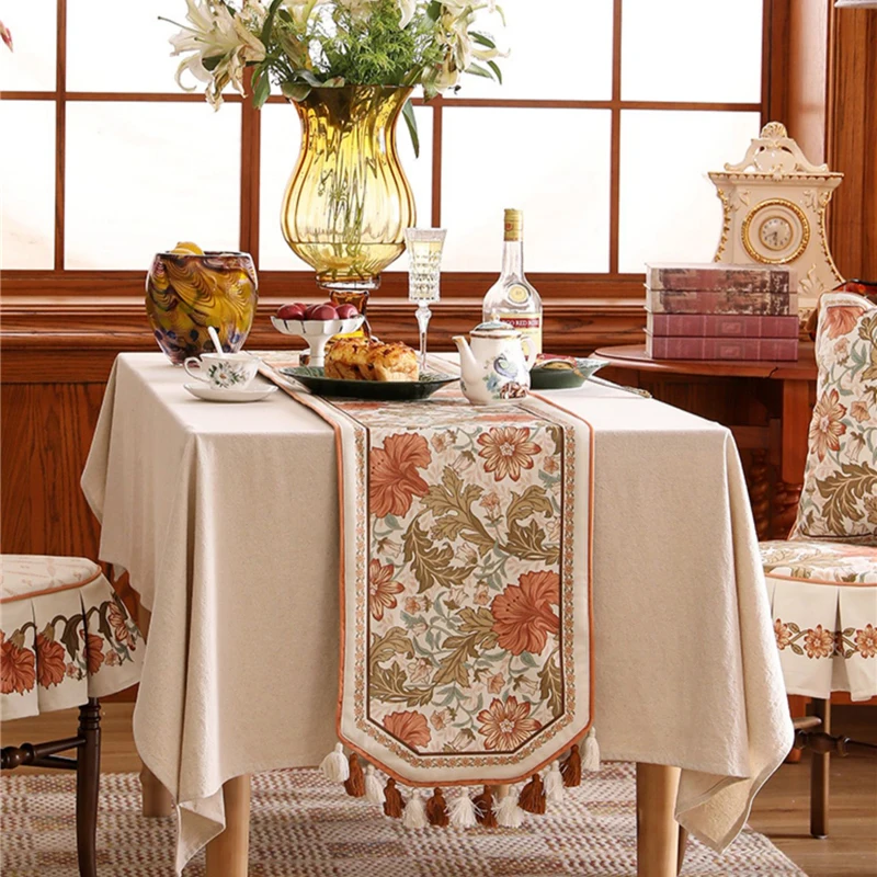 

American Pastoral Table Runner Retro Orange Flower Livingroom Diningtable Tablerunner Elegant Cabinet Coffeetable Tablecloth