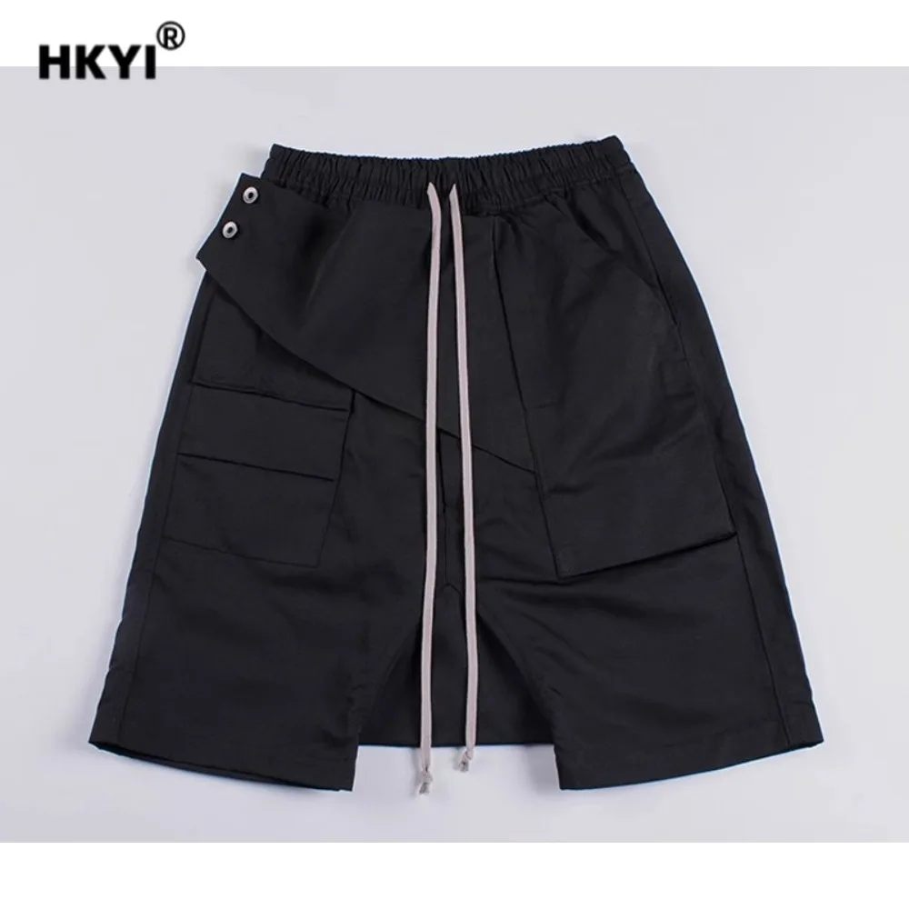 HKYI Men shorts front pocket fabric zipper button workwear mid  pants with multiple pockets loose pants
