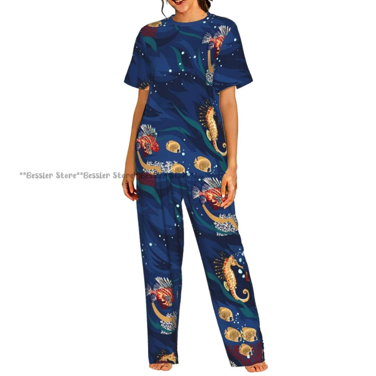 

Women Pajama Sets Lounge Sleepwear Corals And Tropical Fish Short Sleeve Nightwear