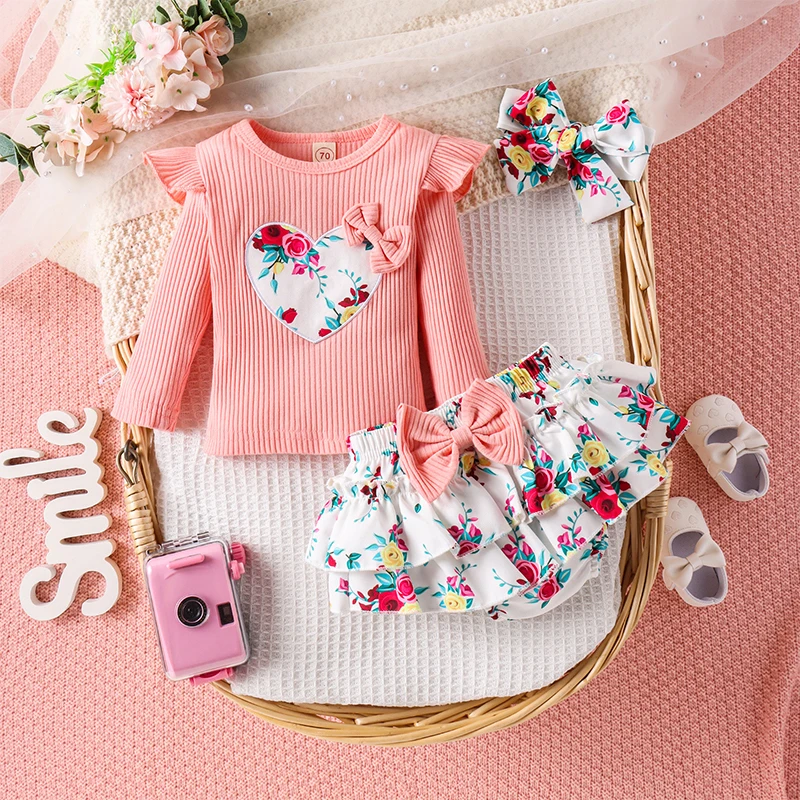 Baby Girl Spring Outfits Heart Pattern Bowknot Long Sleeve T-Shirts Tops Ruffles Floral Print Shorts Headband 3Pcs Clothes Set