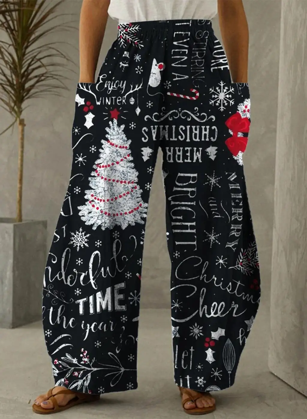 Autumn Winter Women Christmas Tree 3D Print Snowflake Casual Loose Pants Oversized Vintage Beach Wear High Waist Loose Bloomer