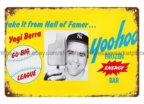 1960'S YOGI BERRA baseball player YOO-HOO ENERGY BAR tin sign nostalgic  garage