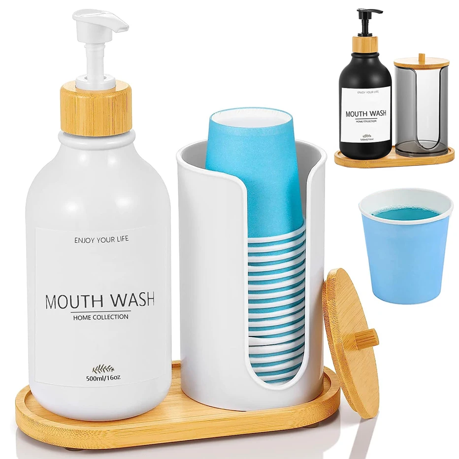 16Oz Mouthwash Dispenser Set for Bathroom MouthWash Pump Bottle Refillable Mouthwash Container with Bamboo Lid/Tray/Label