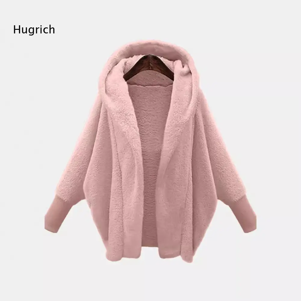 Women Pink Hooded Plush Cardigan With Batwing Sleeves And Soft Fleece Texture Cozy Autumn Winter Outerwear For Casual Daily Wear