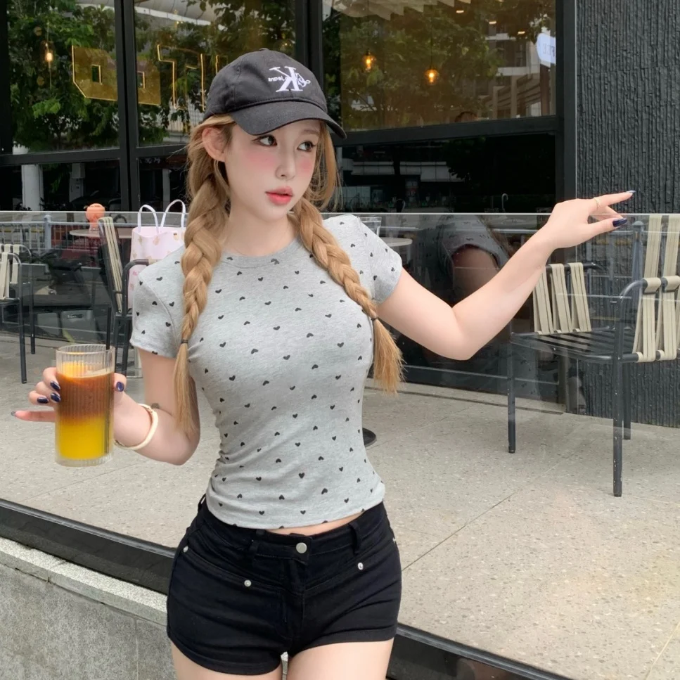 Summer New Style Hot Girl Heart Print Splice Shoulder Short Sleeve T-Shirt Women Slim Fit Short Length Fixed Band Chest Pad Top
