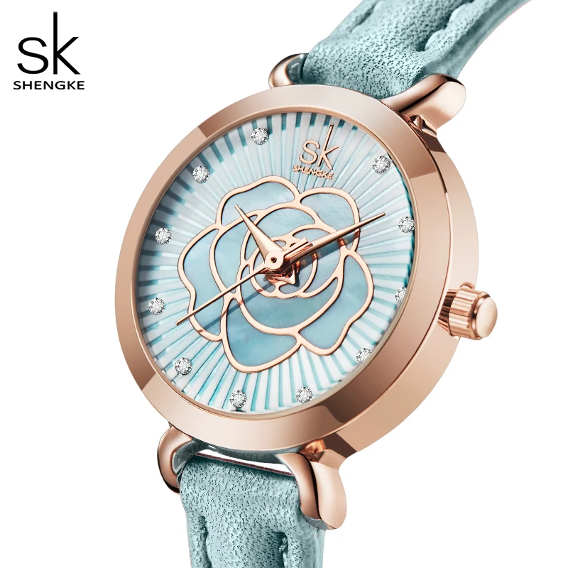 Shengke Fashion Design Women Leather Watches Classical Flower Face Woman Wristwatches Japan Movement Quartz Watch Reloj Mujer