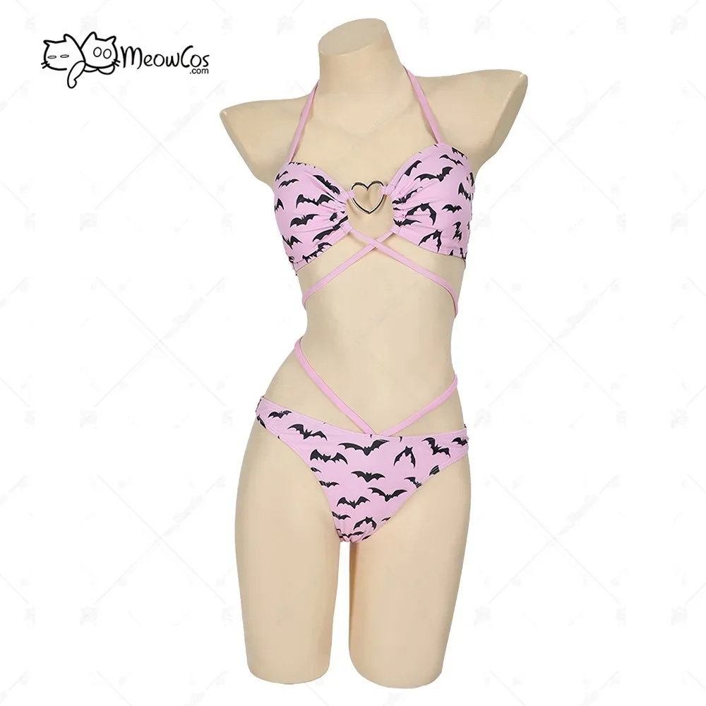 

USA -MEOWCOS Women Gothic Bat Pink Bikini Set Swimsuit Heart Buckle Halter Lace-up Top and Triangle Panty Bathing Suit Swimwear