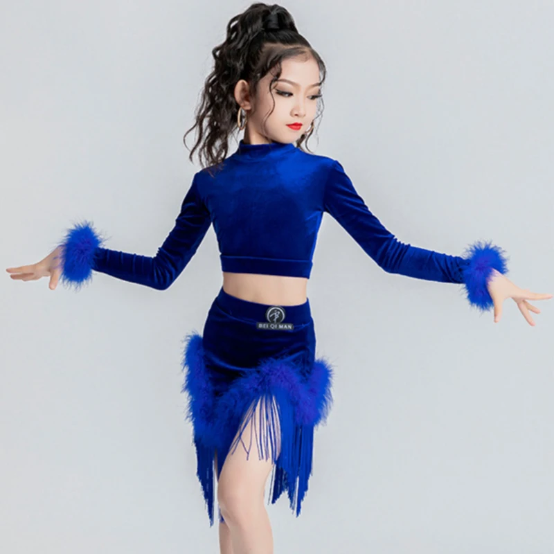 Kids Professional Latin Dance Clothes Blue Velvet Top Fringed Skirts Girls Performance Latin Dance Costumes Stage Dresses SL9184