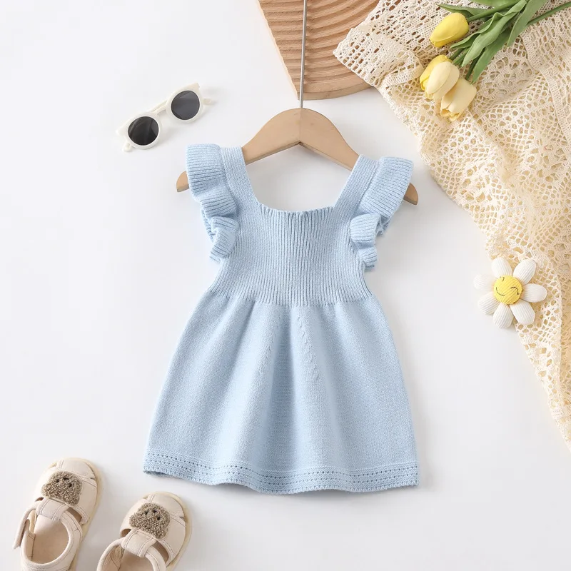 Baby Girl Dress Knitted Ruffled Flutter Sleeve Dress 0-18M Sleeveless Tank Romper Dress Cotton Summer Infant Princess Outfit